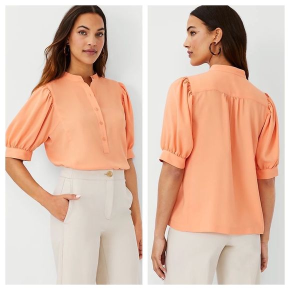Ann Taylor XXSP Light Orange Blossom Half Placket Button Down Ruffle Sleeve Top‎ - Picture 1 of 13